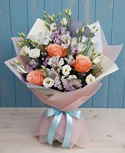 Букет цветов из:  Лизиантусы, Розы, Альстромерии и Гипсофила в Никольском Воронежской области