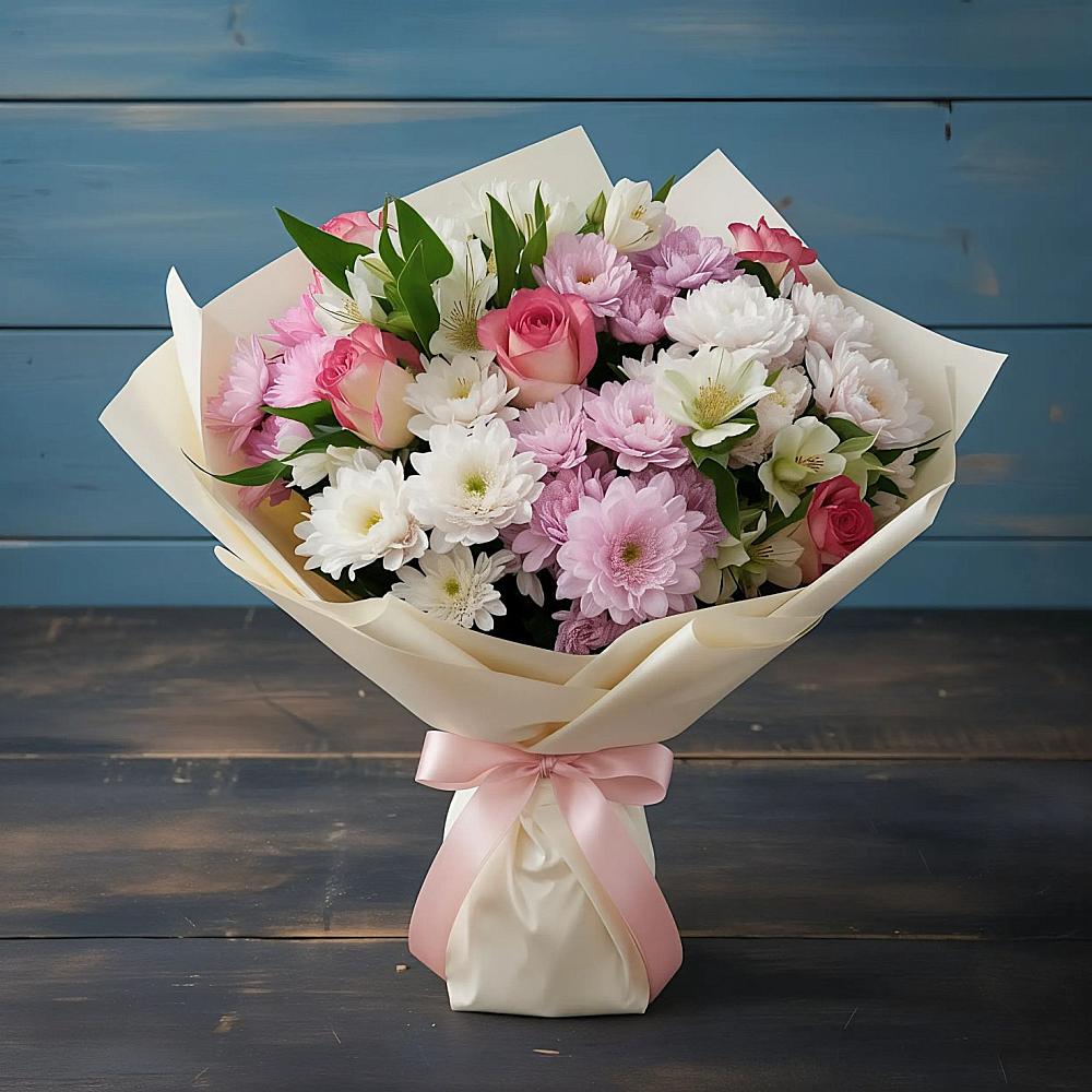 Букет цветов из: Хризантемы, Альстромерии и Розы в Никольском Воронежской области